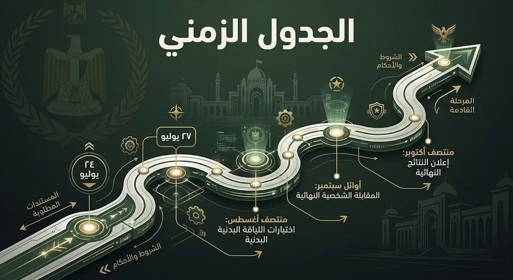 إنفوجرافيك يوضح الجدول الزمني لمواعيد التسجيل والقبول في كلية الملك خالد العسكرية بدءاً من 24 يوليو وحتى 27 يوليو.
