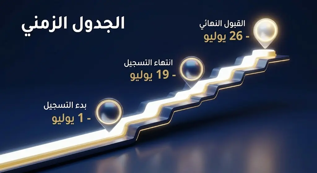 تصميم ثلاثي الأبعاد لخط زمني يبرز مواعيد التسجيل (1 يوليو)، انتهاء التسجيل (19 يوليو)، وإعلان القبول النهائي (26 يوليو).