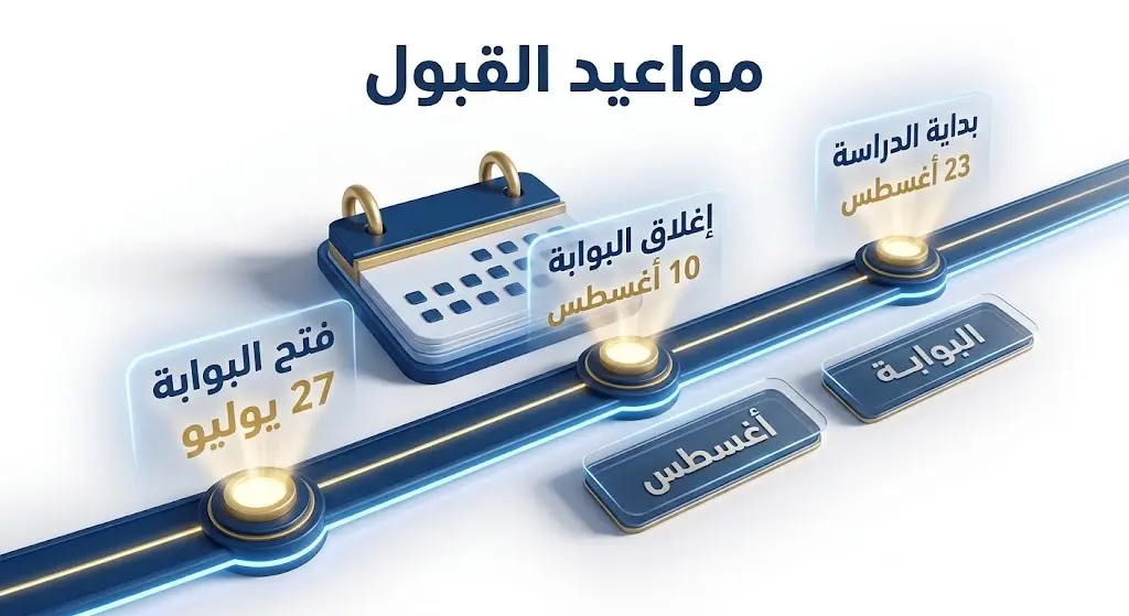 إنفوجرافيك زمني يوضح مواعيد فتح وإغلاق بوابة القبول وبداية الفصل الدراسي الأول.