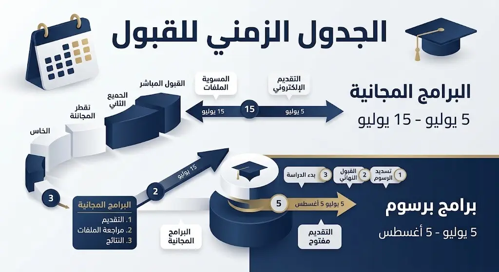 إنفوجرافيك يوضح الجدول الزمني لمسارات التقديم على برامج الدراسات العليا بجامعة المجمعة، مبيناً مواعيد البرامج المجانية والمدفوعة.