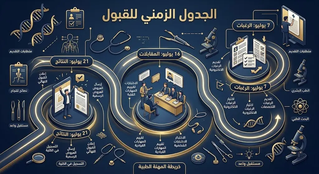 إنفوجرافيك يوضح الجدول الزمني لمراحل القبول في برنامج الطب والجراحة لشهر يوليو.