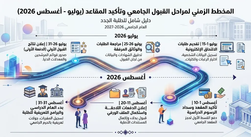تصميم جدول زمني يستعرض مراحل القبول والتأكيد في جامعة تبوك لعام 2026 من شهر يوليو وحتى أغسطس
