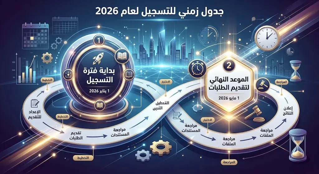 تصميم بصري يبرز الجدول الزمني لبرنامج التدريب التعاوني لعام 2026، موضحاً موعد انتهاء التسجيل في نهاية يوليو وبدء البرنامج في أواخر أغسطس.