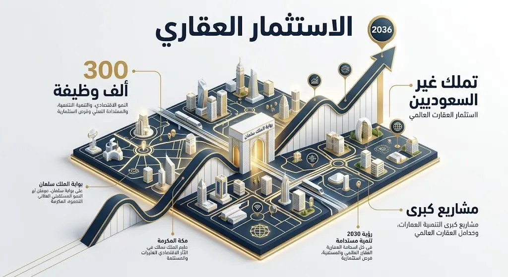 تصميم بياني يستعرض الأبعاد الاستثمارية والاقتصادية لمشروع بوابة الملك سلمان، مع إبراز قرار تملك غير السعوديين وتوفير آلاف فرص العمل.