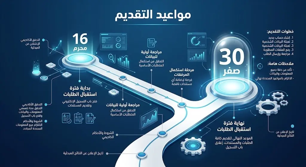 تصميم تقويمي زمني يوضح فترة استقبال طلبات إعادة إصدار الشهادة الممتدة من 16 محرم حتى 30 صفر 1448هـ.
