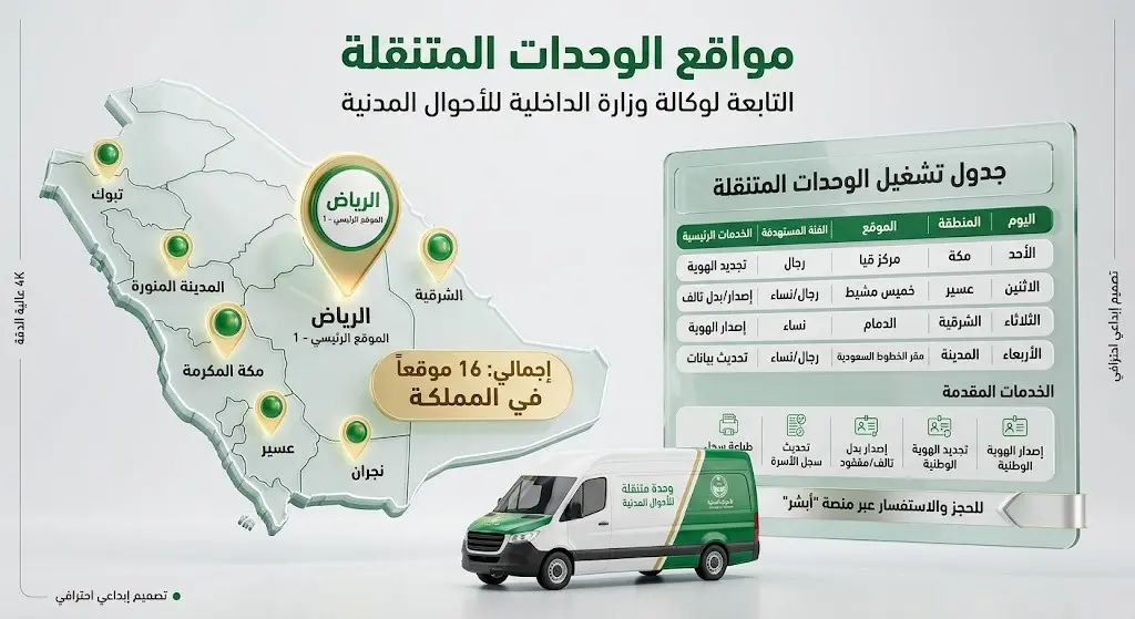 إنفوجرافيك عصري يستعرض خريطة المملكة والجدول الزمني لتواجد وحدات الأحوال المدنية المتنقلة في 16 موقعاً.