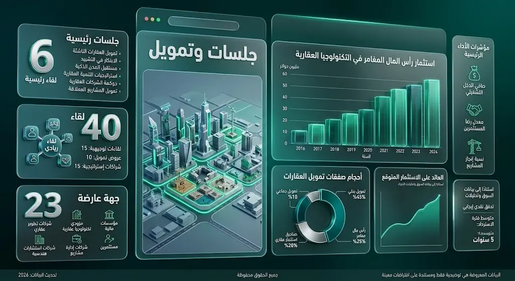 تصميم بياني يستعرض الإحصائيات والأرقام الخاصة بالجلسات الرئيسية واللقاءات الريادية والجهات العارضة للحلول التمويلية