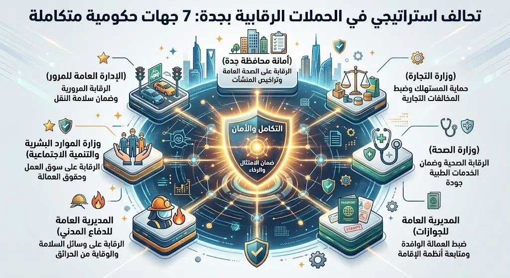 تصميم بصري يستعرض الجهات الحكومية السبع المشاركة في الحملات الرقابية بجدة لضمان حماية المستهلك.
