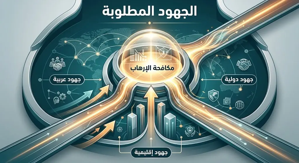 تصميم بياني يبرز تكامل الجهود العربية والإقليمية والدولية بهدف مكافحة الإرهاب وتجفيف منابع تمويله.