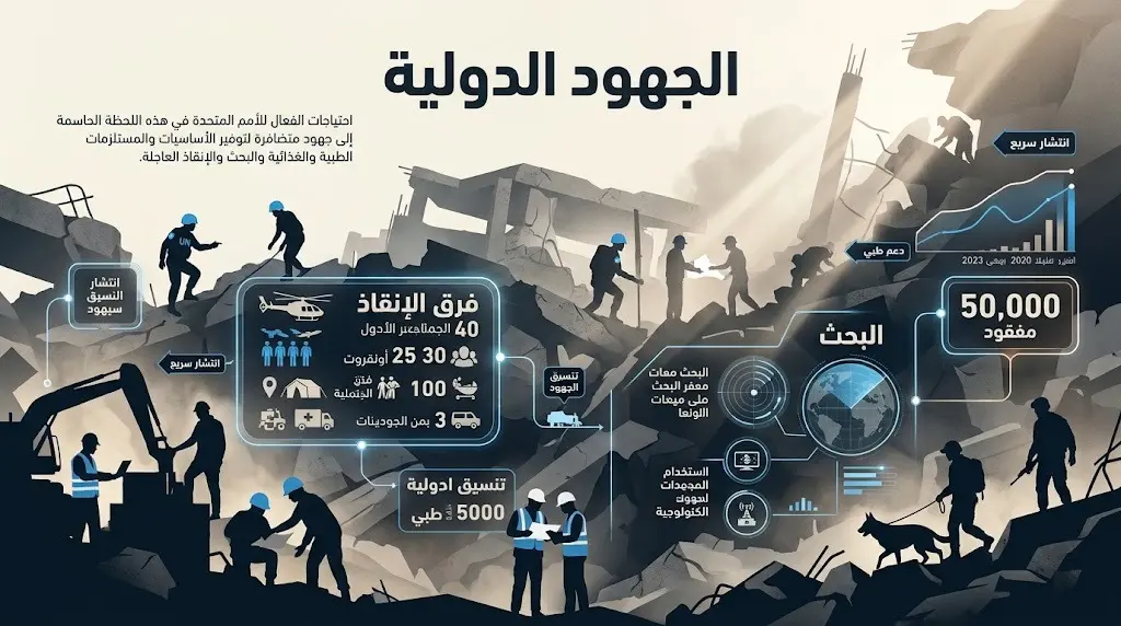 إنفوجرافيك يبرز جهود فرق البحث والإنقاذ الدولية والأممية وسط الأنقاض مع إحصائيات تقديرية للمفقودين.