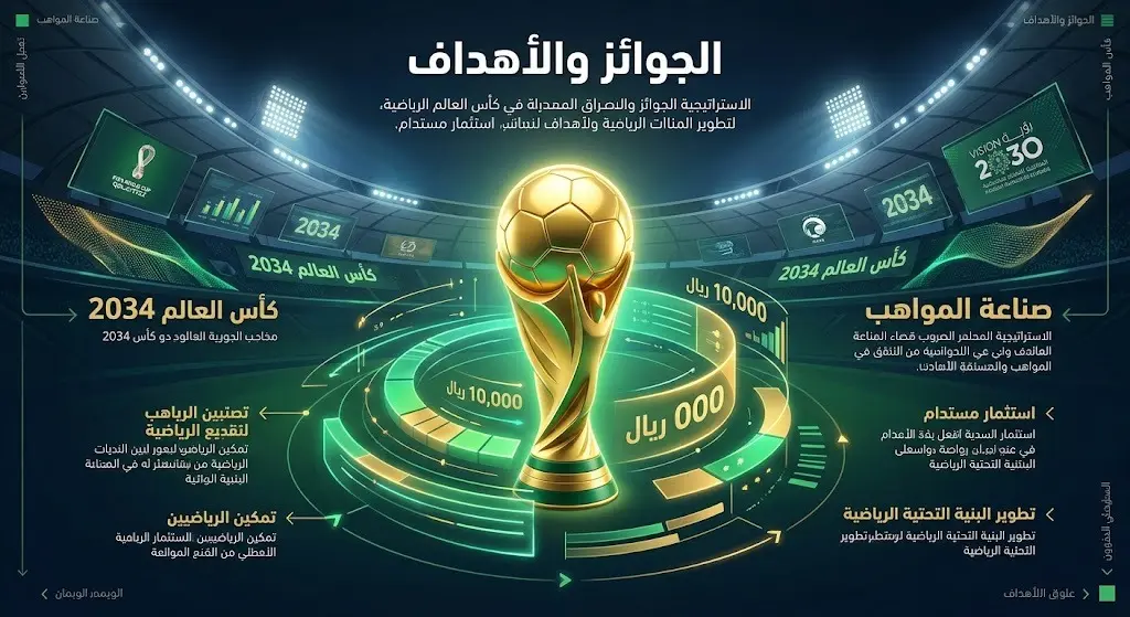 تصميم يبرز الجوائز المالية للبطولة وارتباطها بالأهداف الاستراتيجية نحو كأس العالم 2034