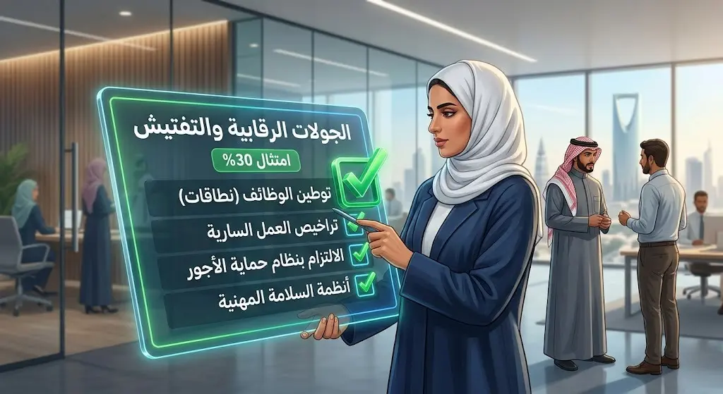 تصميم تعبيري يظهر شاشة تدقيق ذكية وعلامة صح خضراء ترمز لامتثال المنشآت لقرارات التوطين والجولات الرقابية.