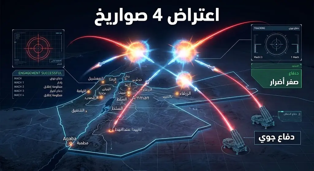 تصميم إنفوجرافيك يوضح عملية اعتراض الدفاعات الجوية الأردنية لأربعة صواريخ باليستية في سماء المملكة.