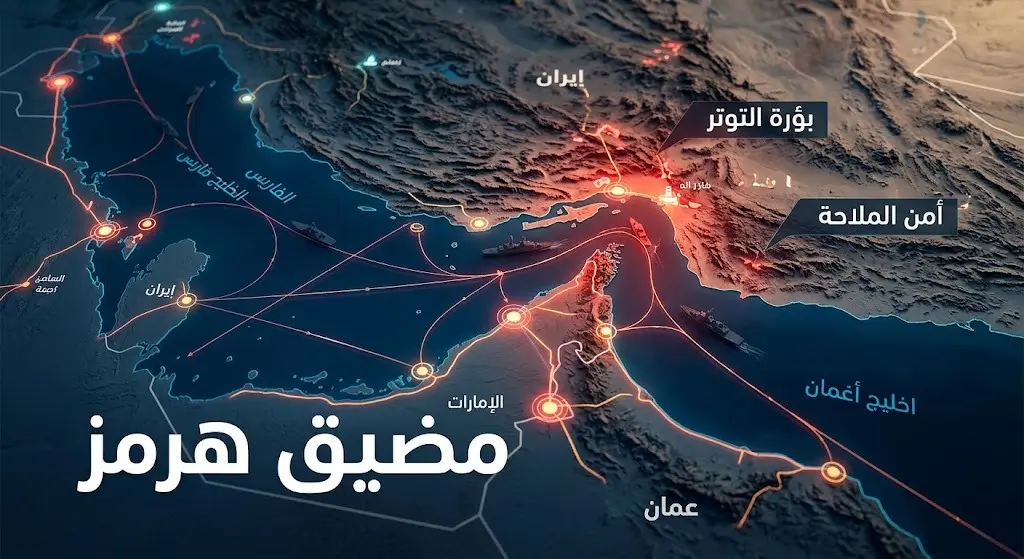 تصميم بياني احترافي يبرز الأهمية الاستراتيجية لمضيق هرمز مع مؤشرات بصرية للتوترات العسكرية والملاحية، يتضمن نصوصاً عربية واضحة ودقيقة.