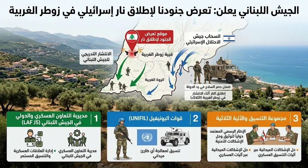 الجيش اللبناني يعلن تعرض جنوده لإطلاق نار إسرائيلي أثناء عمليات الانتشار في زوطر الغربية
