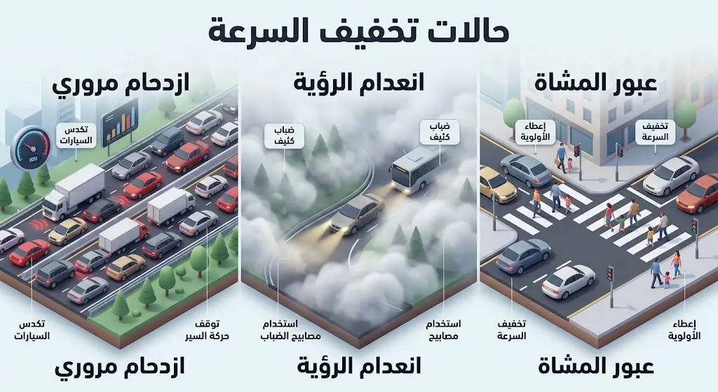إنفوجرافيك يوضح الحالات المرورية التي تستوجب تخفيف السرعة أو التوقف مثل الازدحام المروري، انعدام الرؤية، وعبور المشاة.