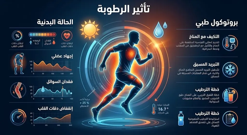 إنفوجرافيك يوضح تأثير العوامل المناخية والرطوبة على الحالة البدنية للاعبي المنتخب الفرنسي مع إبراز البروتوكول الطبي.