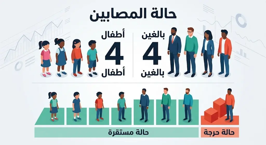 رسم بياني يوضح الفئات العمرية لضحايا الحادث والحالة الصحية للمصابين الثمانية.