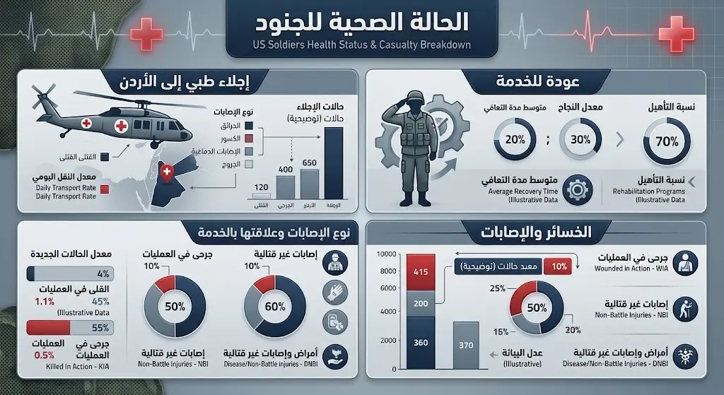إنفوجرافيك يوضح الحالة الصحية للجنود الأمريكيين وتصنيف الإصابات بين إجلاء طبي وعودة سريعة للخدمة.