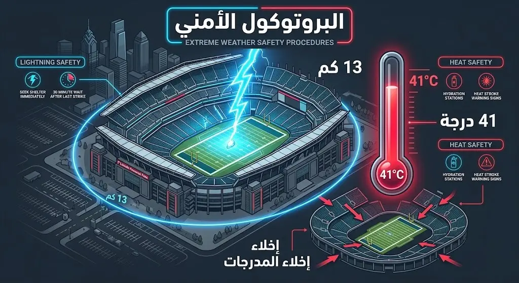 إنفوجرافيك يوضح بروتوكول السلامة في الملاعب الأمريكية عند اقتراب العواصف الرعدية وارتفاع درجات الحرارة القياسية.