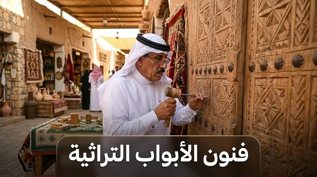 الحرفي عبدالله الخزام يستعرض فنون صناعة الأبواب النجدية والحائلية لزوار سوق حائل الشعبي