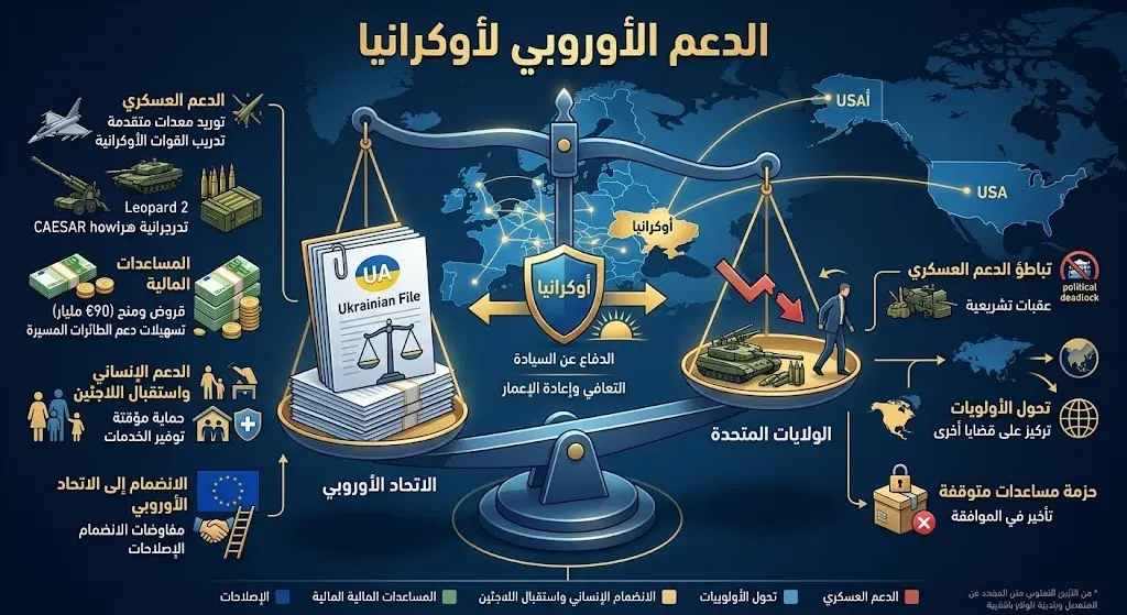 تصميم غرافيكي يوضح انتقال عبء دعم أوكرانيا من الولايات المتحدة إلى الاتحاد الأوروبي ضمن الحسابات الجيوسياسية