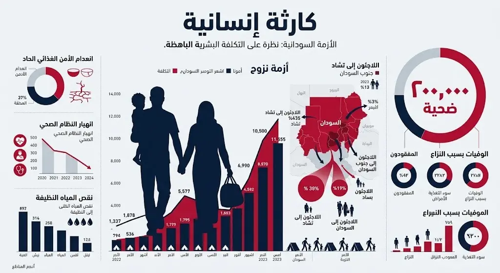 تصميم بياني يستعرض الحصيلة الإجمالية لضحايا النزاع في السودان والأرقام المتعلقة بأزمة النزوح والجوع.