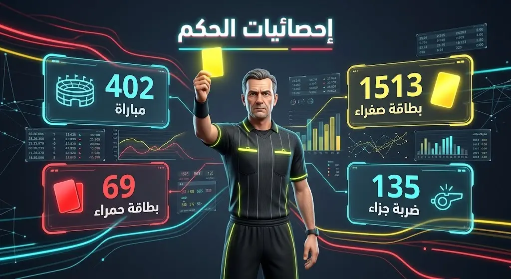 إنفوجرافيك يستعرض إحصائيات الحكم الفرنسي فرانسوا ليتكسير، شاملاً عدد المباريات، البطاقات الملونة، وضربات الجزاء