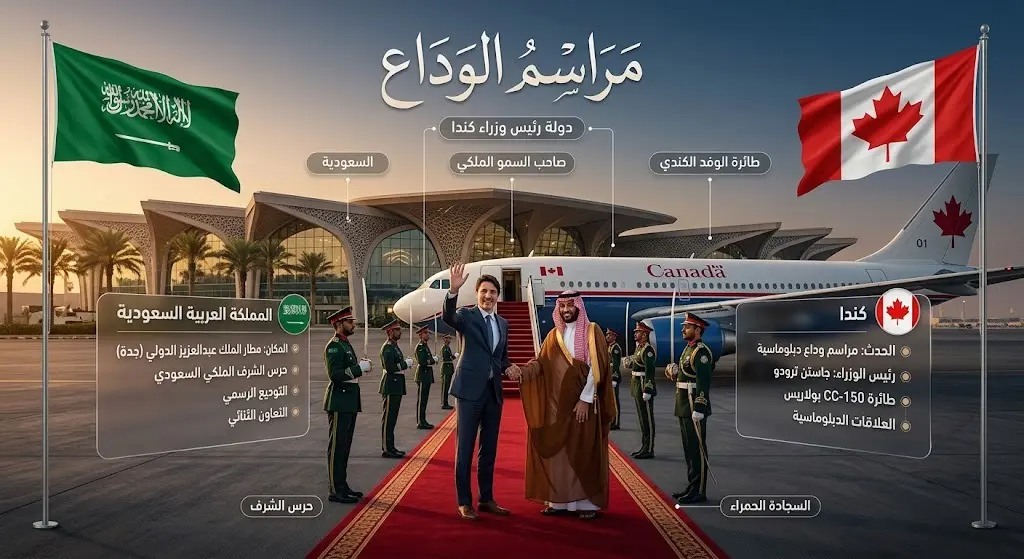 تصميم إنفوجرافيك خبري يجسد المراسم الدبلوماسية لوداع رئيس وزراء كندا في مطار الملك عبدالعزيز الدولي، مزين بالأعلام السعودية والكندية وعناصر بصرية احترافية.