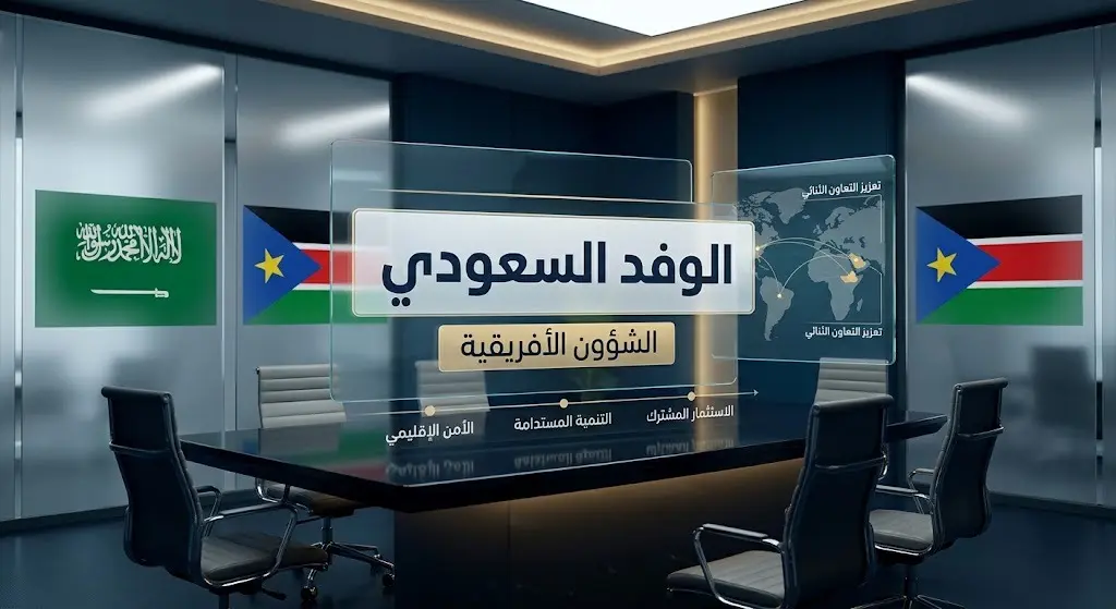 إنفوجرافيك إخباري يبرز المشاركة الرسمية للوفد السعودي في جوبا وتواجد الإدارة العامة للشؤون الأفريقية.