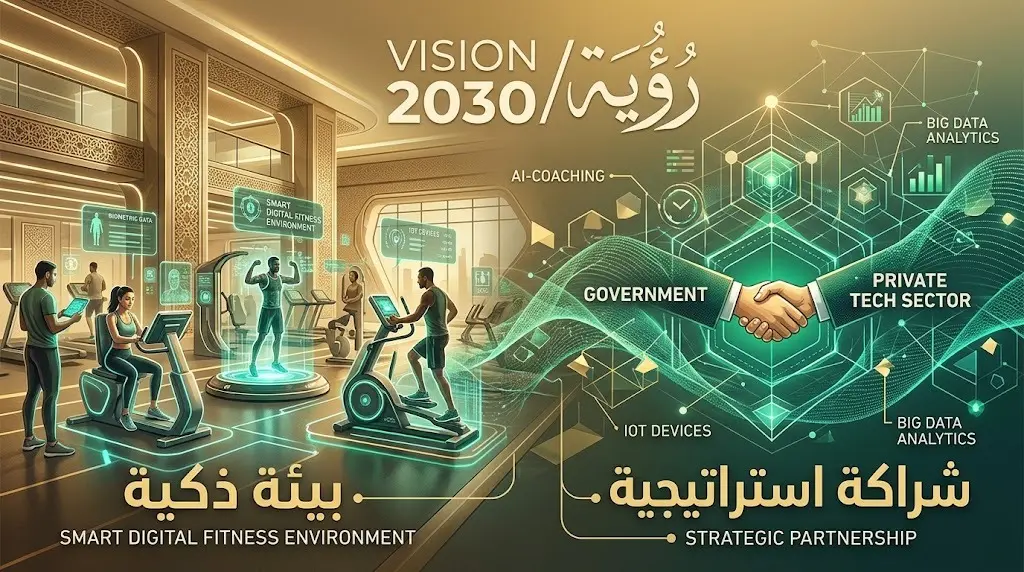 تصميم إبداعي يبرز توافق الشراكات الاستراتيجية في قطاع الرياضة مع مستهدفات رؤية السعودية 2030 لتأسيس بيئات ذكية.