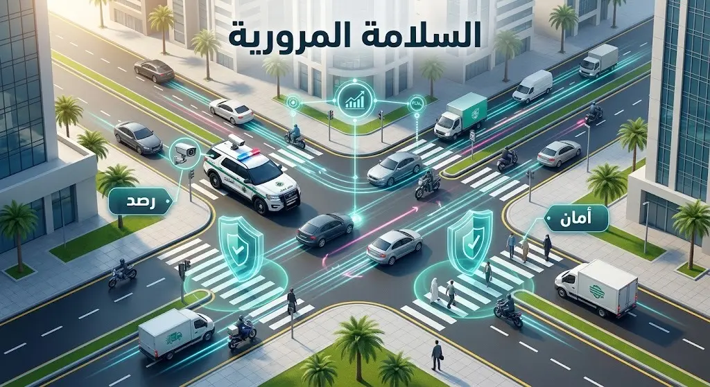 تصميم إنفوجرافيك ثلاثي الأبعاد يوضح جهود الحملات الميدانية للمرور في تعزيز السلامة المرورية ورصد المخالفات في طرقات القصيم.