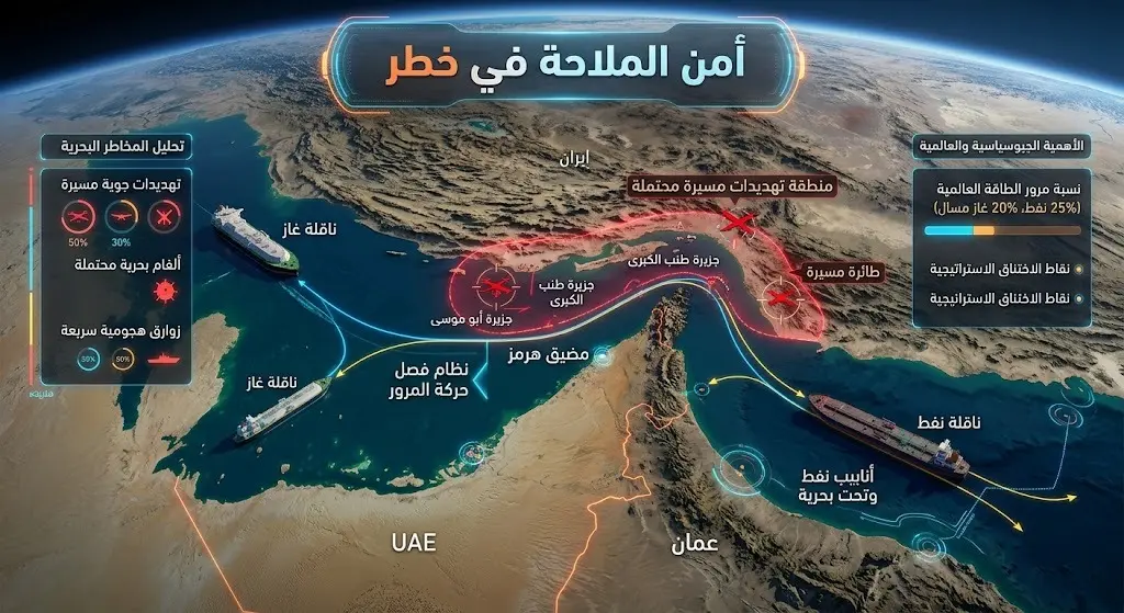 تصميم إنفوجرافيك يوضح موقع مضيق هرمز واستهداف طائرات مسيرة لناقلات الغاز والنفط مع نصوص عربية توضيحية.