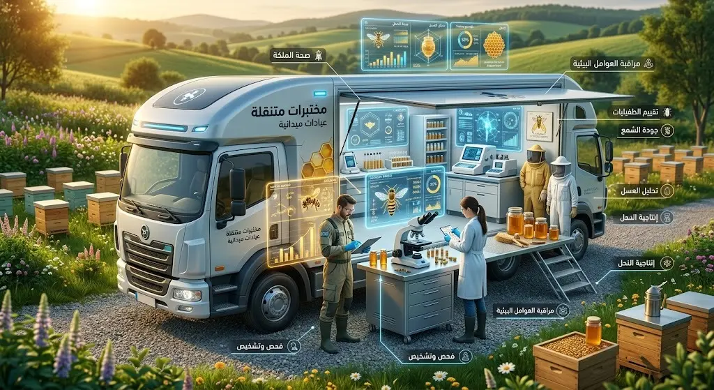 تصميم ثلاثي الأبعاد لعيادة ومختبر متنقل متطور تكنولوجياً في بيئة طبيعية، مجهز بأحدث أدوات الفحص المجهري لمتابعة صحة النحل، مع نصوص عربية توضيحية للخدمات التشغيلية.
