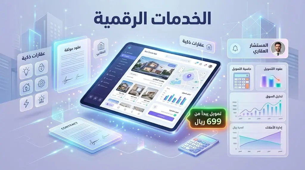 تصميم رقمي يستعرض واجهات لتطبيقات الإسكان والحلول التمويلية المبتكرة مثل المستشار العقاري.