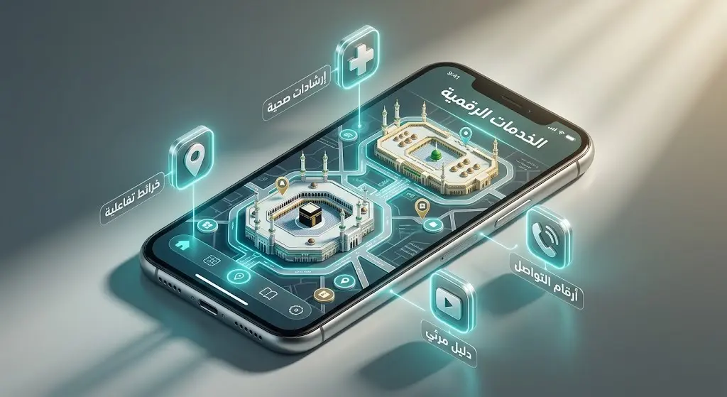 تصميم ثلاثي الأبعاد يعرض هاتفاً ذكياً يحتوي على خرائط تفاعلية وأيقونات للخدمات الرقمية والصحية المقدمة لضيوف الرحمن.