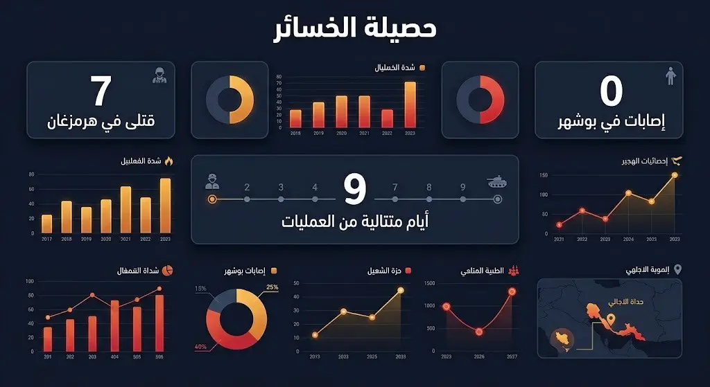 لوحة بيانات إنفوجرافيك تعرض إحصائيات الخسائر البشرية المتباينة بين بوشهر وهرمزغان خلال 9 أيام من العمليات العسكرية.