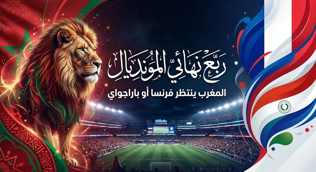 تصميم بصري يبرز المواجهة المرتقبة للمنتخب المغربي في ربع نهائي كأس العالم 2026 أمام الفائز من مباراة فرنسا وباراجواي.