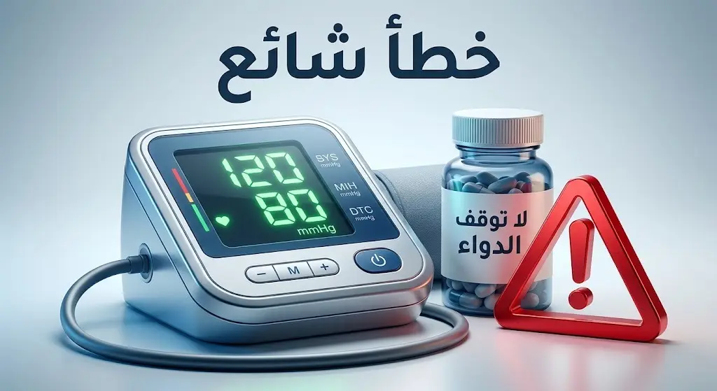 تصميم تحذيري يجسد الخطأ الشائع المتمثل في إيقاف دواء الضغط بمجرد ظهور قراءات طبيعية لجهاز قياس الضغط.