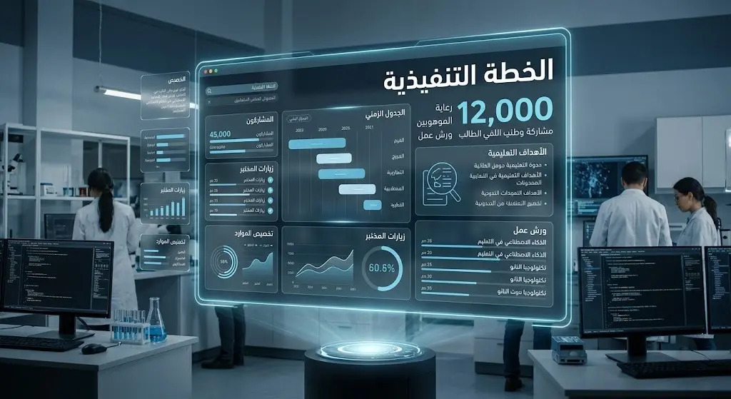 مشهد بصري يدمج بين الرسوم البيانية وبيئة المعامل التقنية لتوضيح الخطة التنفيذية وورش العمل الداعمة للموهوبين.