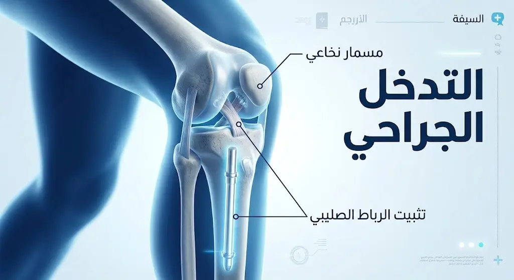 تصميم طبي مفصل يوضح التدخل الجراحي لتثبيت عظمة القصبة بمسمار نخاعي وإصلاح الرباط الصليبي.
