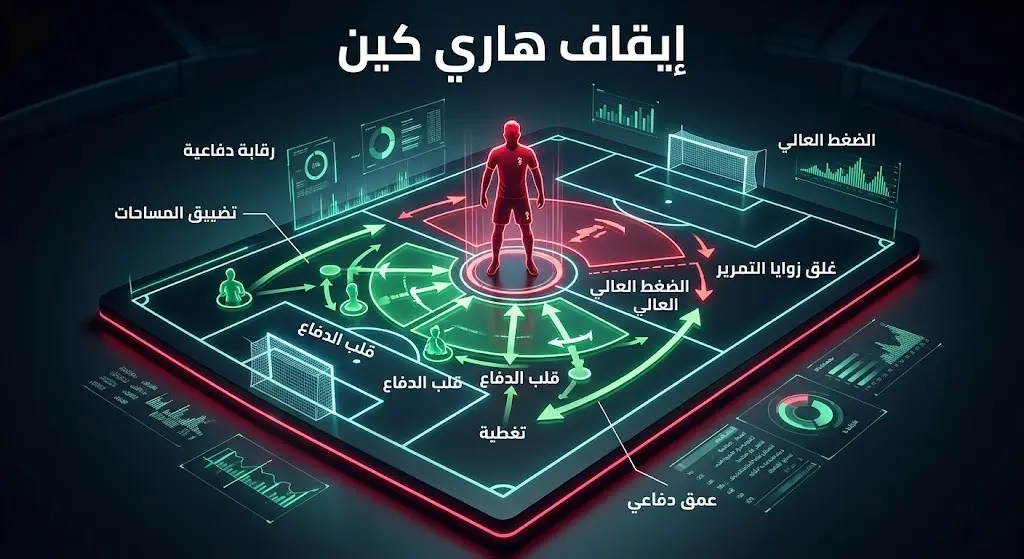 رسم تكتيكي تحليلي يوضح خطة المنتخب المكسيكي والرقابة الدفاعية المزدوجة المفروضة لتحييد المهاجم الإنجليزي هاري كين.