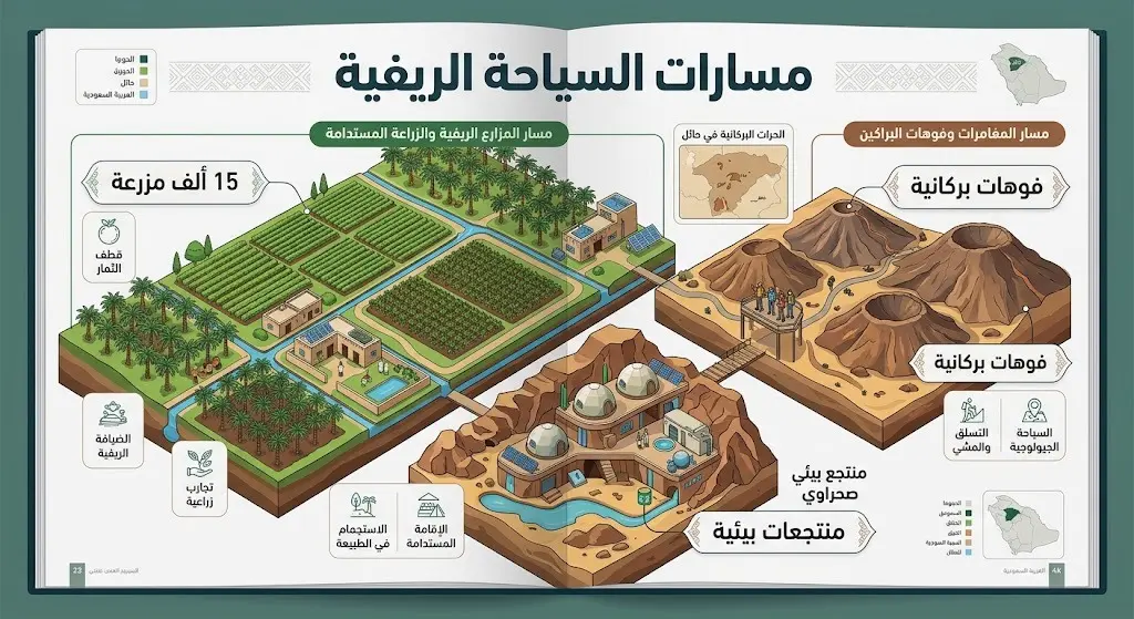 تصميم بصري عصري يستعرض مسارات السياحة الريفية والتطوير البيئي في حائل، يبرز المزارع الواسعة والمنتجعات الصديقة للبيئة والفوهات البركانية.