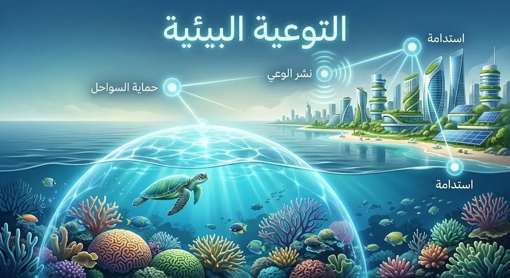 تصميم إبداعي يوضح خارطة طريق للخطوات التوعوية المستقبلية الرامية لتعزيز استدامة البيئة البحرية وحماية الواجهات الساحلية.
