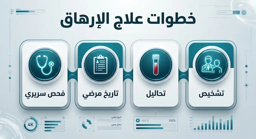 إنفوجرافيك طبي يوضح الخطوات الأربع السليمة لعلاج الإرهاق المتمثلة في التشخيص السليم، الفحص السريري، مراجعة التاريخ المرضي، والتحاليل الطبية.