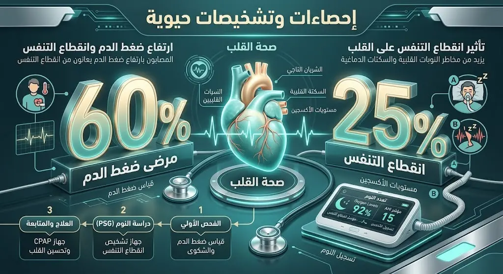 إنفوجرافيك يستعرض إحصاءات طبية حديثة حول ارتباط ارتفاع ضغط الدم المزمن بمشكلة انقطاع التنفس أثناء النوم وأهمية التشخيص المبكر.