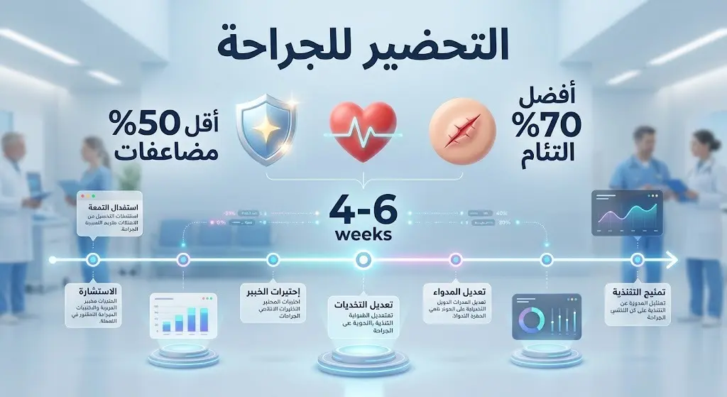 إنفوجرافيك طبي يبرز أهمية التوقف عن التدخين قبل 4 إلى 6 أسابيع من الجراحة لتقليل المضاعفات وتحسين التئام الجروح