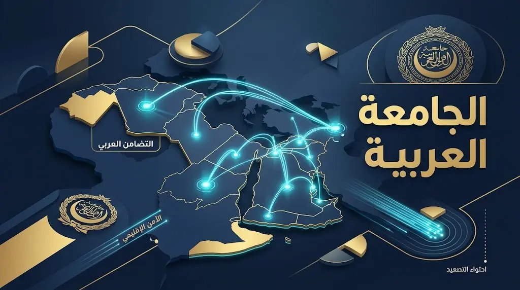 إنفوجرافيك ذو تصميم عصري يبرز خريطة الشرق الأوسط مع خطوط تواصل مضيئة ترمز للتنسيق الدبلوماسي والأمني لتفعيل دور الجامعة العربية وحماية استقرار المنطقة.