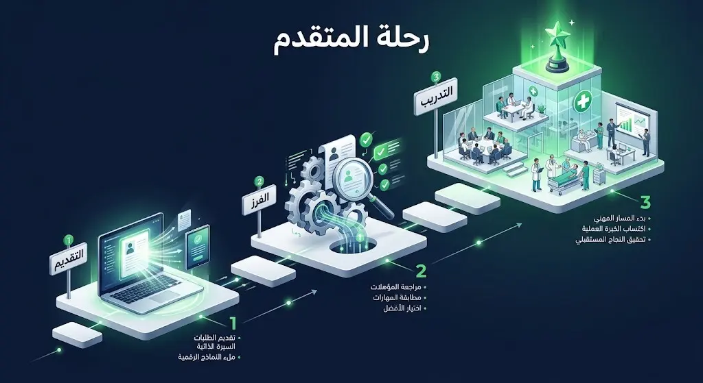 تصميم بصري يمثل خارطة طريق توضح مراحل التقديم لبرنامج تمهير، بدءاً من التسجيل الإلكتروني، مروراً بالفرز، وصولاً إلى التدريب العملي.