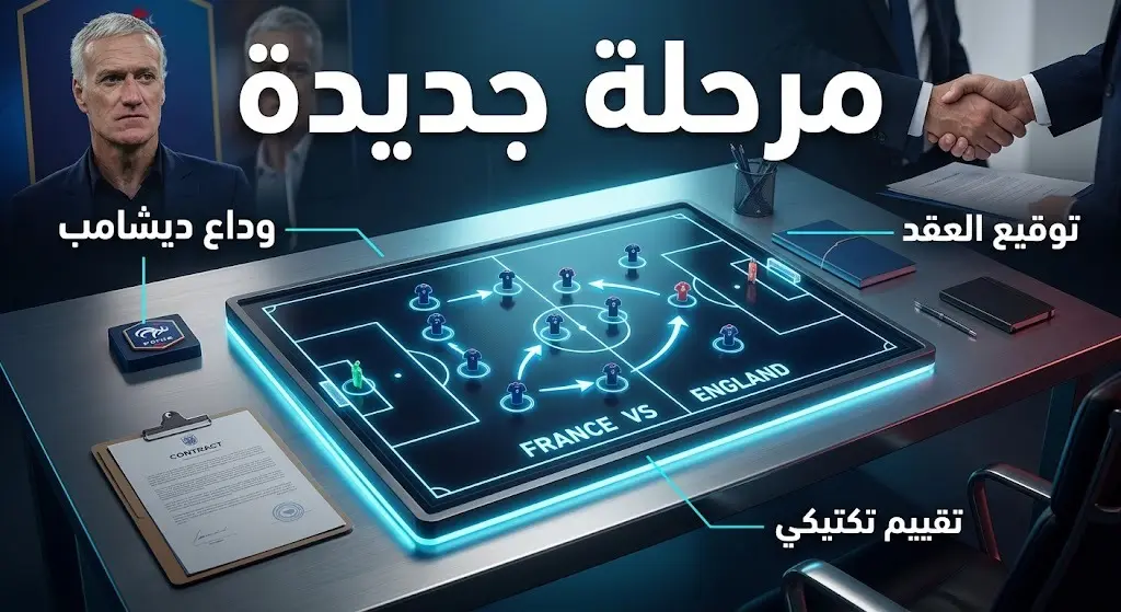 لوحة تكتيكية رقمية مضيئة تستعرض الخطوات القادمة لعملية نقل الإدارة الفنية لمنتخب فرنسا والتحضير للمواجهات التكتيكية الكبرى.